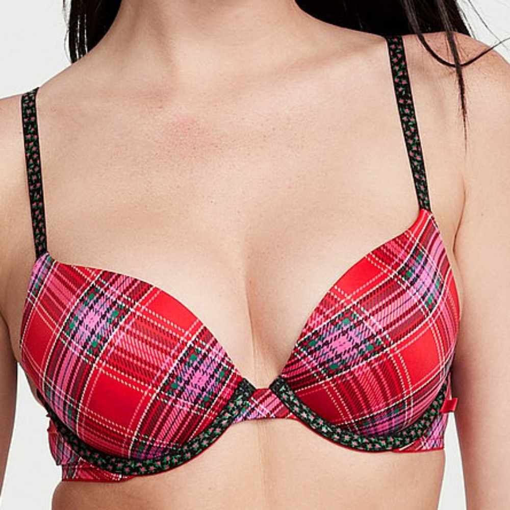 Victoria's Secret Sexy Tee Smooth Push-Up Bra Lipstick Beautiful Plaid 38DD 38E